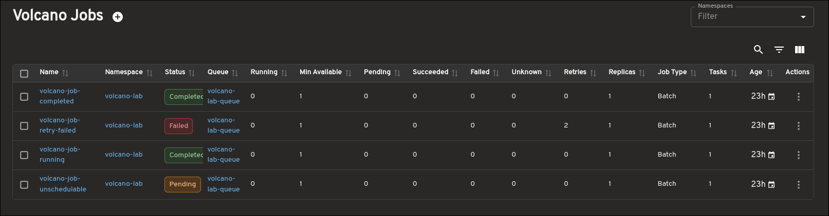 Headlamp 中的 Volcano Job 列表